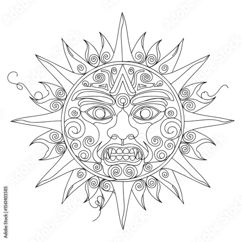 Black and white line art of a fierce sun face with swirling rays
