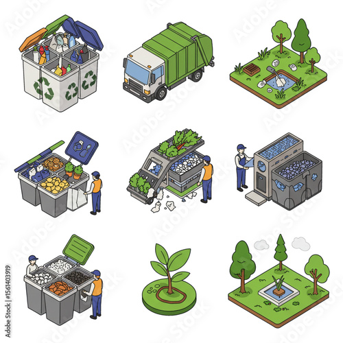 Isometric illustrations depict recycling processes, waste management, and environmental care.