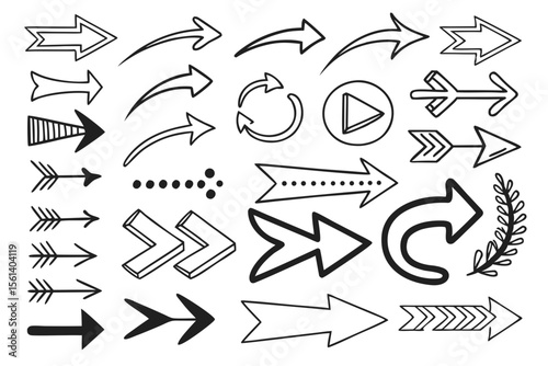 Vector Set of Hand-Drawn Arrows in Sketch Style. Black Curved, Zigzag, and Swirled Arrow Icons for Use in Navigation Interfaces, Infographic Charts, and Creative Branding.

