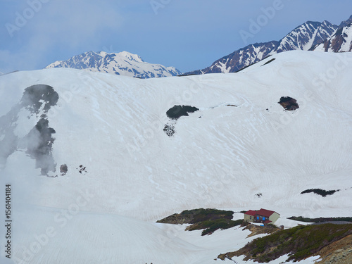 観光名所立山黒部アルペンルートの室堂の雪原と地獄谷の風景