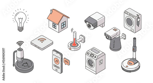 Isometric illustrations of various smart home devices and appliances.