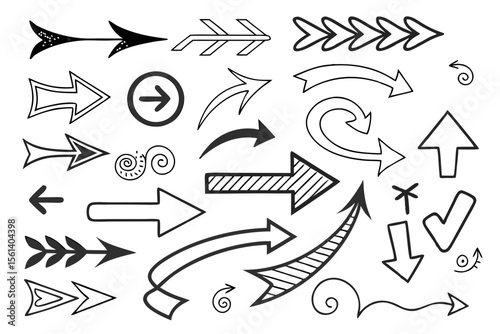Hand-Drawn Arrows Vector Set Featuring Looping and Curved Shapes. Sketchy Black Arrows for Creative UI Design, Infographics, Presentation Templates, and Visual Projects.

