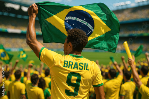 Brazilian Fan Raising Flag in Packed Yellow Stadium