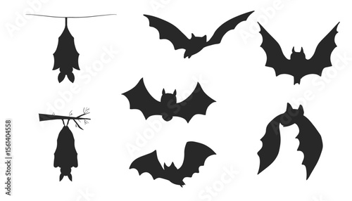 Set of hanging flying bat silhouettes for Halloween. Spooky black vector icons with wings and gothic vibes. Perfect for horror decor, party designs, or vampire themes.