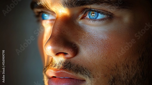 Captivating gaze Dramatic closeup of a mans striking blue eyes with lit by sunlight.