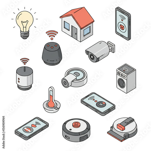 Isometric illustration of various smart home devices, including a lightbulb, house, speaker, camera, and appliances.