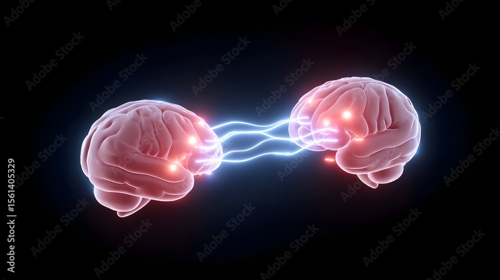 Fototapeta premium Two illuminated human brains with electrical connections.