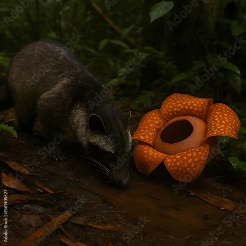 Wild Civet Sniffing Soil Near a Half-Blooming Rafflesia Flower