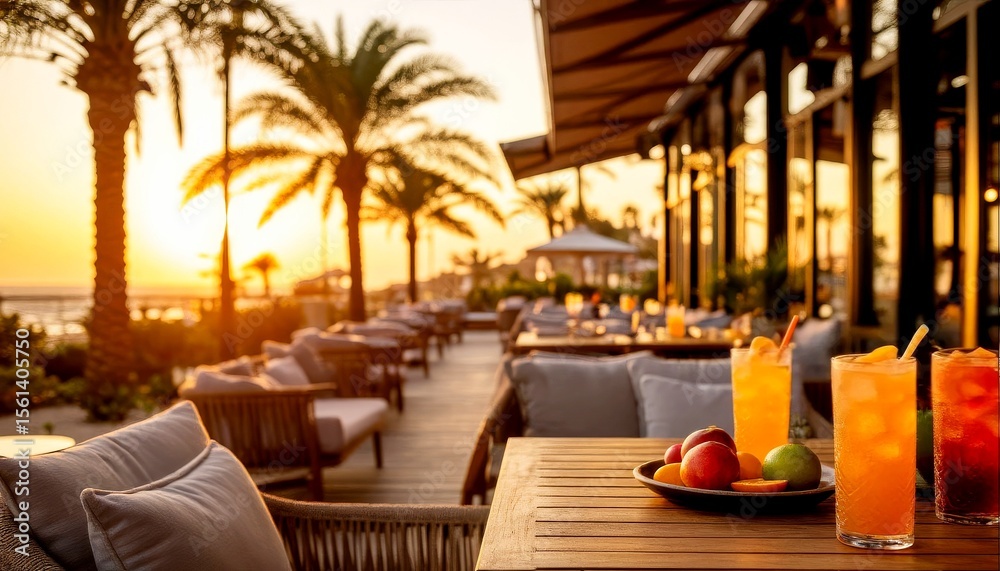 Fototapeta premium A tropical outdoor bar at sunset. Tables with drinks and fruits are set under palm trees. The warm glow of the sun enhances the relaxing atmosphere.