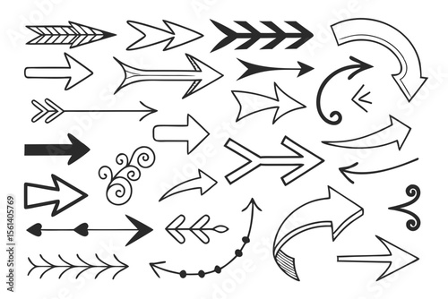 Hand-Drawn Arrows Collection with Sketchy Lines. Vector Black Arrows in Swirled and Zigzag Designs. Suitable for Navigation, Infographics, UI Templates, and Presentations.

