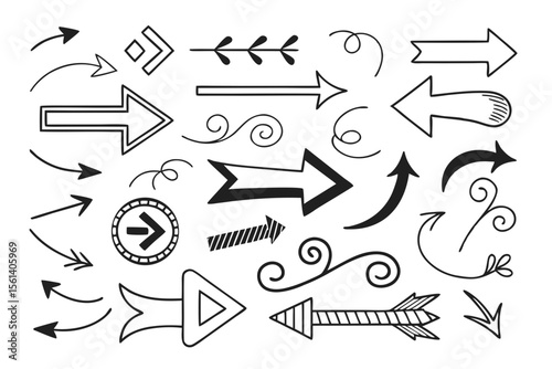 Decorative Hand-Drawn Arrows Set with Swirls and Curves. Doodle Style Arrow Vectors in Black for Use in Navigation Icons, Infographic Layouts, and Creative Presentations.

