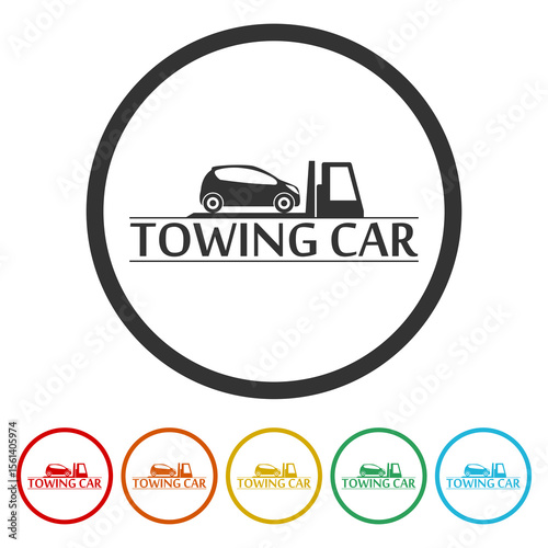Towing truck with car sign. Set icons in color circle buttons