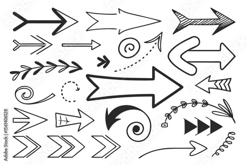 Hand-Drawn Curved and Zigzag Arrows Set. Black Vector Arrows in Doodle Style for Infographics, Movement Indicators, Presentation Designs, and Navigation Graphics.

