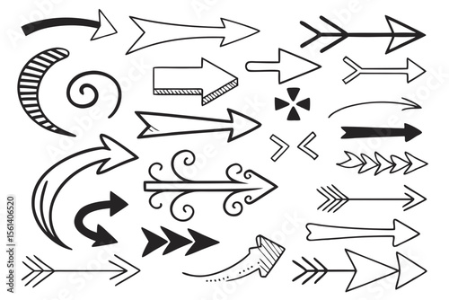 Hand-Drawn Arrows Set in Doodle Style. Vector Arrow Icons Featuring Loops, Swirls, and Zigzags for Navigation, Infographics, Presentations, and Artistic Graphic Design.

