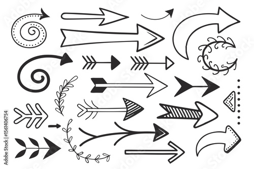 Curved and Swirled Hand-Drawn Arrows Set in Black. Sketchy Arrow Icons for Movement, Navigation, UI Design, Infographics, and Stylish Graphic Elements for Web Projects.

