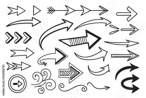 Decorative Sketchy Arrows Set in Hand-Drawn Style. Vector Black Arrows in Diverse Directions for Creative Graphic Design, Presentation Templates, and Infographic Elements.

