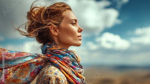 A beautiful woman with wind-swept hair and a vibrant scarf gazes into the distance, framed by a scenic sky.