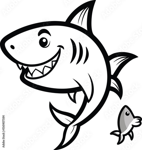 Black Line Art Of A Shark Chasing A Small Fish