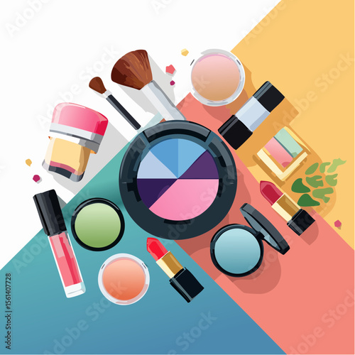 Still life composition of colorful makeup products arranged on a high-contrast background