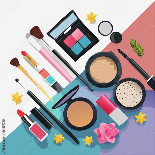 Still life composition of colorful makeup products arranged on a high-contrast background