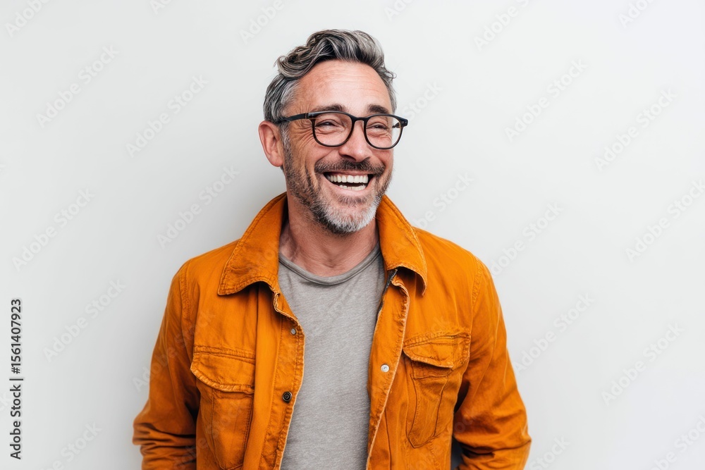 Fototapeta premium A joyful middle-aged man with glasses and a grey beard, wearing an orange jacket, is laughing against a white background.
