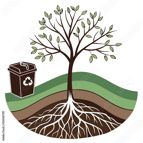 Illustration of a tree with roots and leaves next to a recycling bin on layered green and brown ground