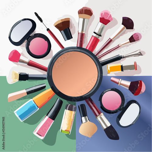 Still life composition of colorful makeup products arranged on a high-contrast background