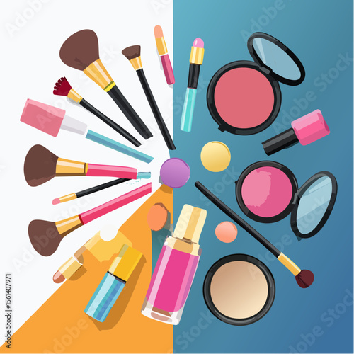 Still life composition of colorful makeup products arranged on a high-contrast background