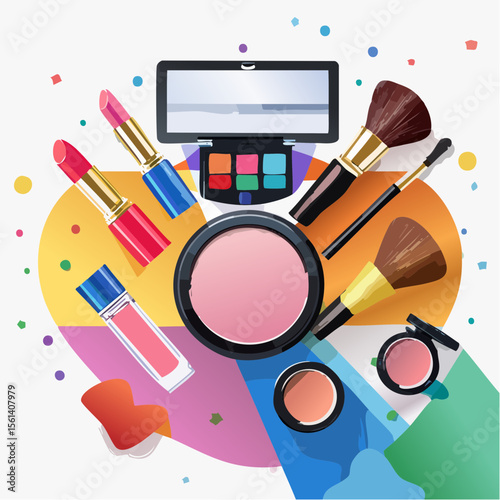 Still life composition of colorful makeup products arranged on a high-contrast background