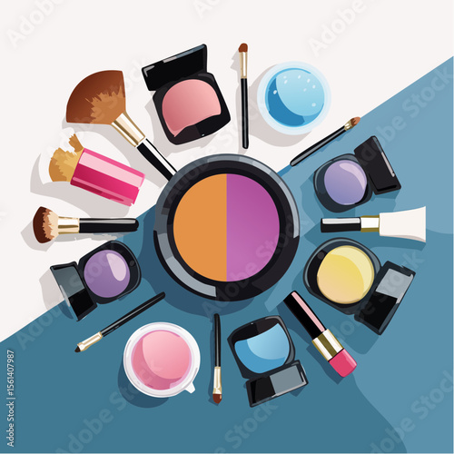 Still life composition of colorful makeup products arranged on a high-contrast background
