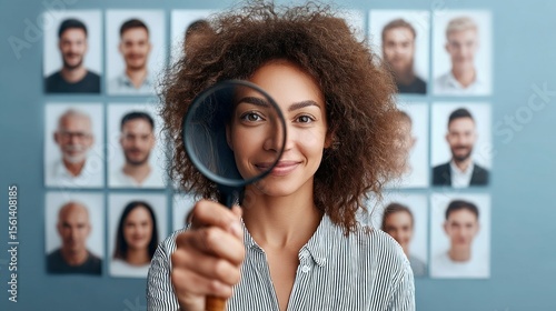 A woman is looking through a magnifying glass with portraits in the background, symbolizing recruitment and selection. photo