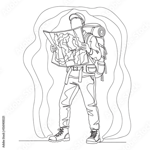 Hiker with backpack studying a map hiking outdoors