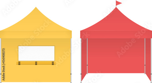 Flat Vector Illustration of Yellow and Red Festival Booths with Serving Window and Flag for Market or Food Event