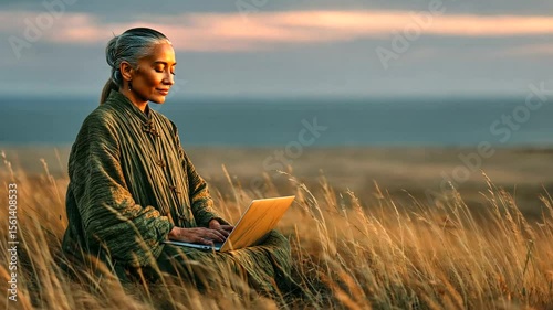Serene Woman Meditating with Laptop Outdoors