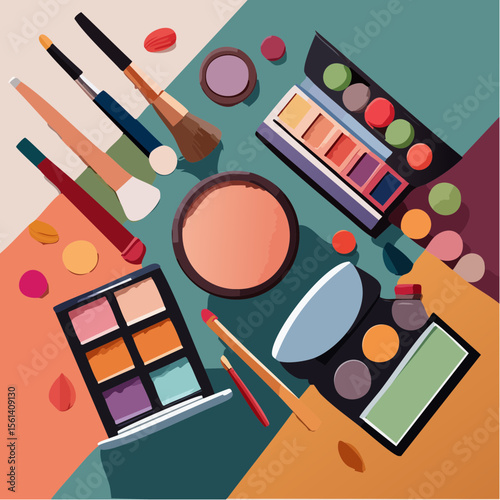 Still life composition of colorful makeup products arranged on a high-contrast background