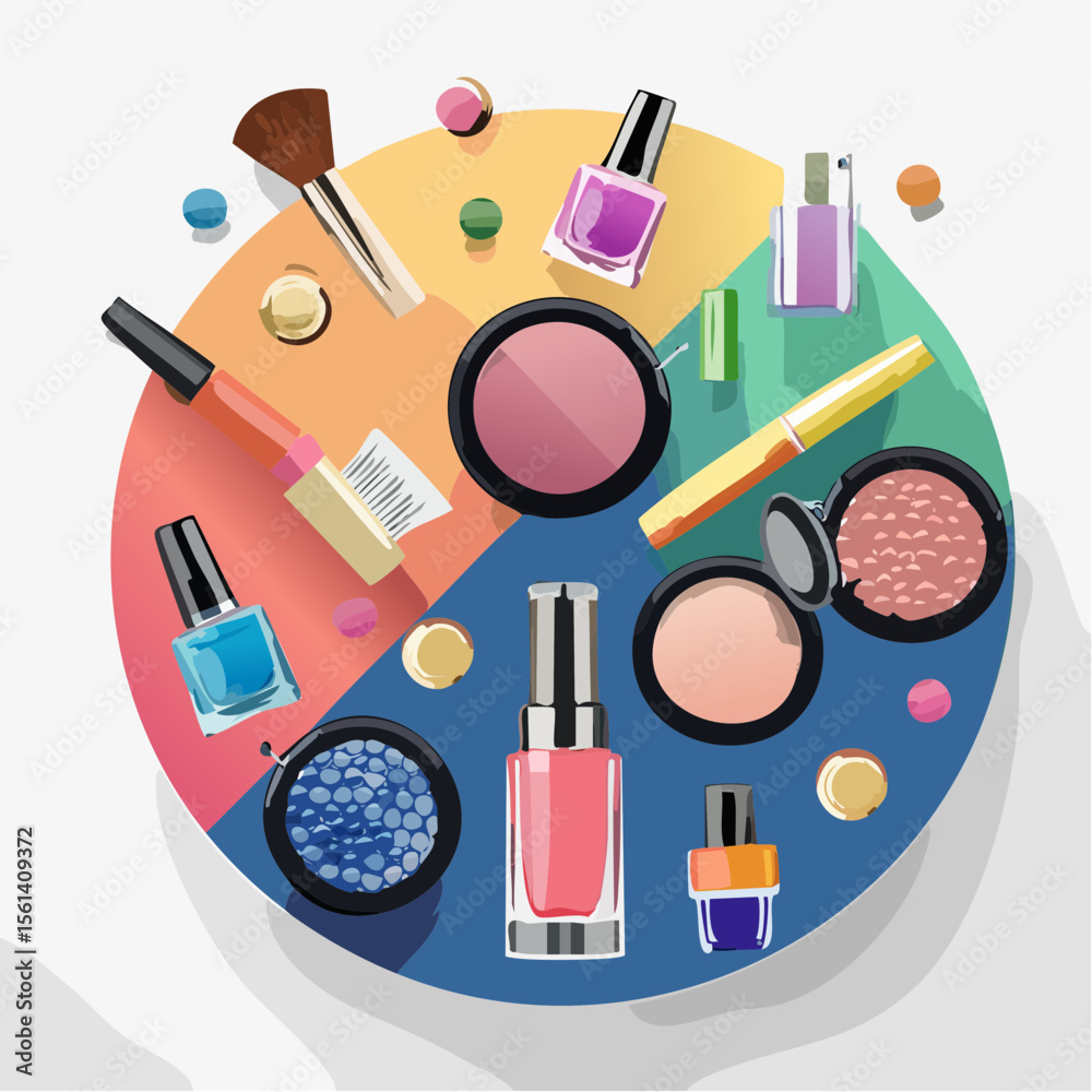 Still life composition of colorful makeup products arranged on a high-contrast background