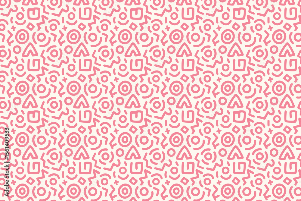 Retro 80s seamless pattern with abstract shapes. Memphis style doodle background with geometric lines and squiggles. Vector wallpaper.