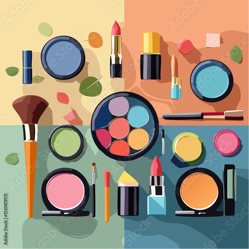 Still life composition of colorful makeup products arranged on a high-contrast background