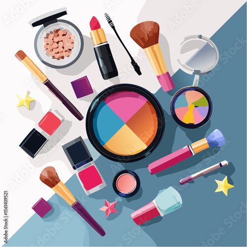 Still life composition of colorful makeup products arranged on a high-contrast background