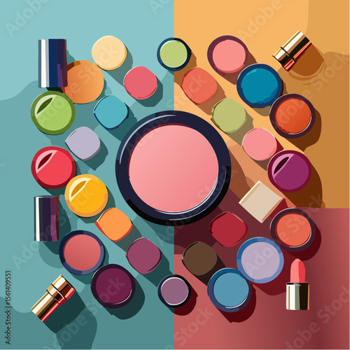 Still life composition of colorful makeup products arranged on a high-contrast background