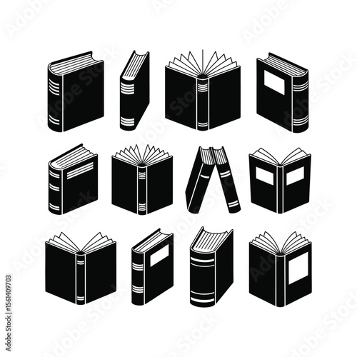Book Collection: Silhouette of a collection of books in various states of openness, a striking graphic suitable for learning concepts or an illustrative resource.