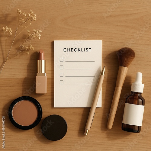 Minimalist flat lay of cosmetic check on wood table in daylight. Features earth-tone beauty items, checklist, and dried flowers in warm natural light.
