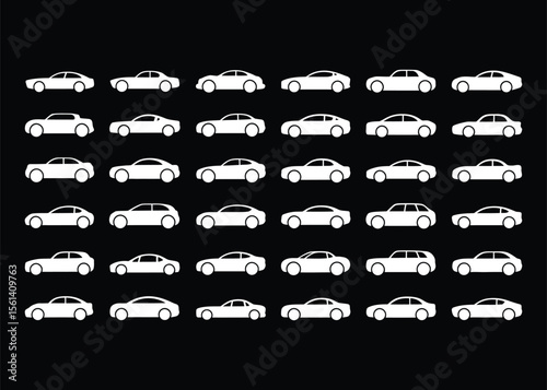 Fleet of Silhouetted Cars: A visually striking array of monochromatic car silhouettes showcases the diversity of vehicle design, perfect for automotive or transport-related concepts.