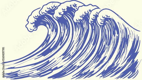 Illustration of a large blue ocean wave with white foam crests on a light background image style