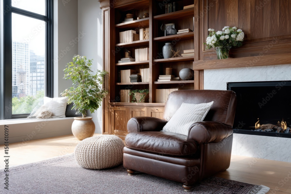Obraz premium Elegant living room interior design with leather armchair and bookshelf