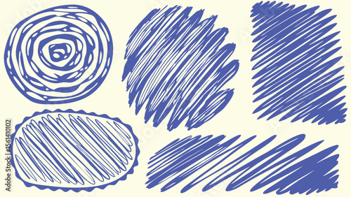 Blue scribbled shapes including a circle, oval, square, and rectangle with diagonal lines and rough edges
