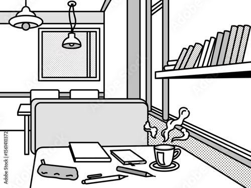 カフェでテーブルに私物を置いたまま人がいなくなった席のイラスト
