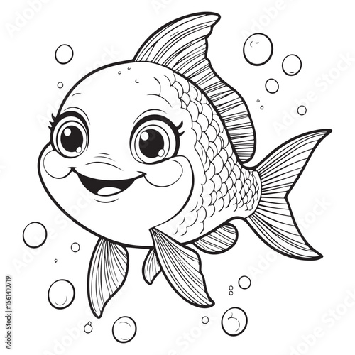 Cute cartoon goldfish with big eyes and a happy smile surrounded by bubbles perfect for coloring pages and children s illustrations