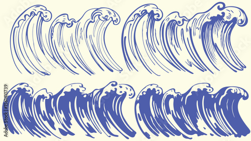 Illustration of two rows of blue ocean waves with varying intensities and line details present