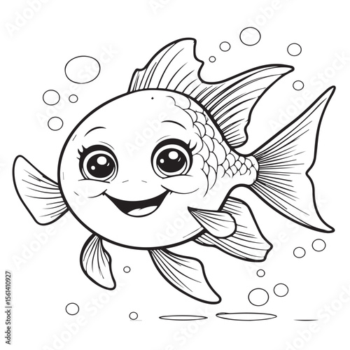 Cute happy cartoon fish with big eyes and fins swimming in water with bubbles black and white line art illustration